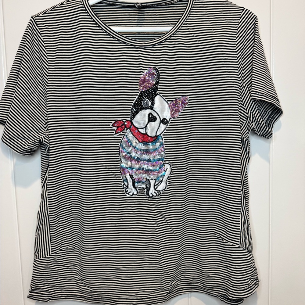 Striped T-Shirt with Sequin frenchie Design